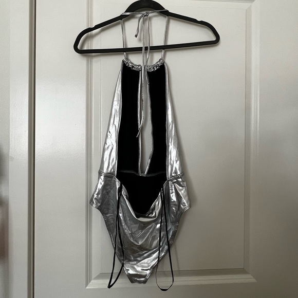 F21 Metallic Silver bodysuit halter top (low V-cut) - never used - Picture 2 of 2